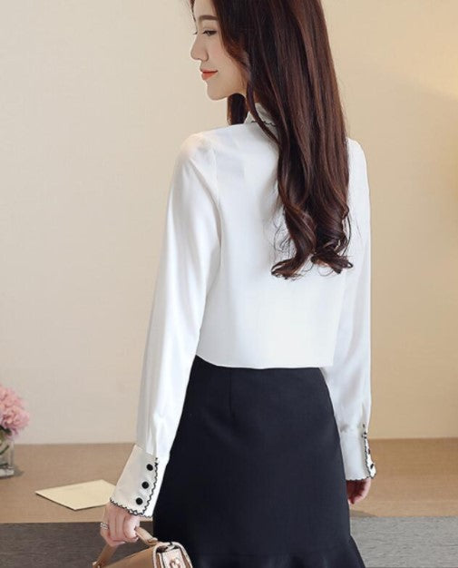 Cute Bow Knot White Long Sleeve Chiffon Blouse       S546