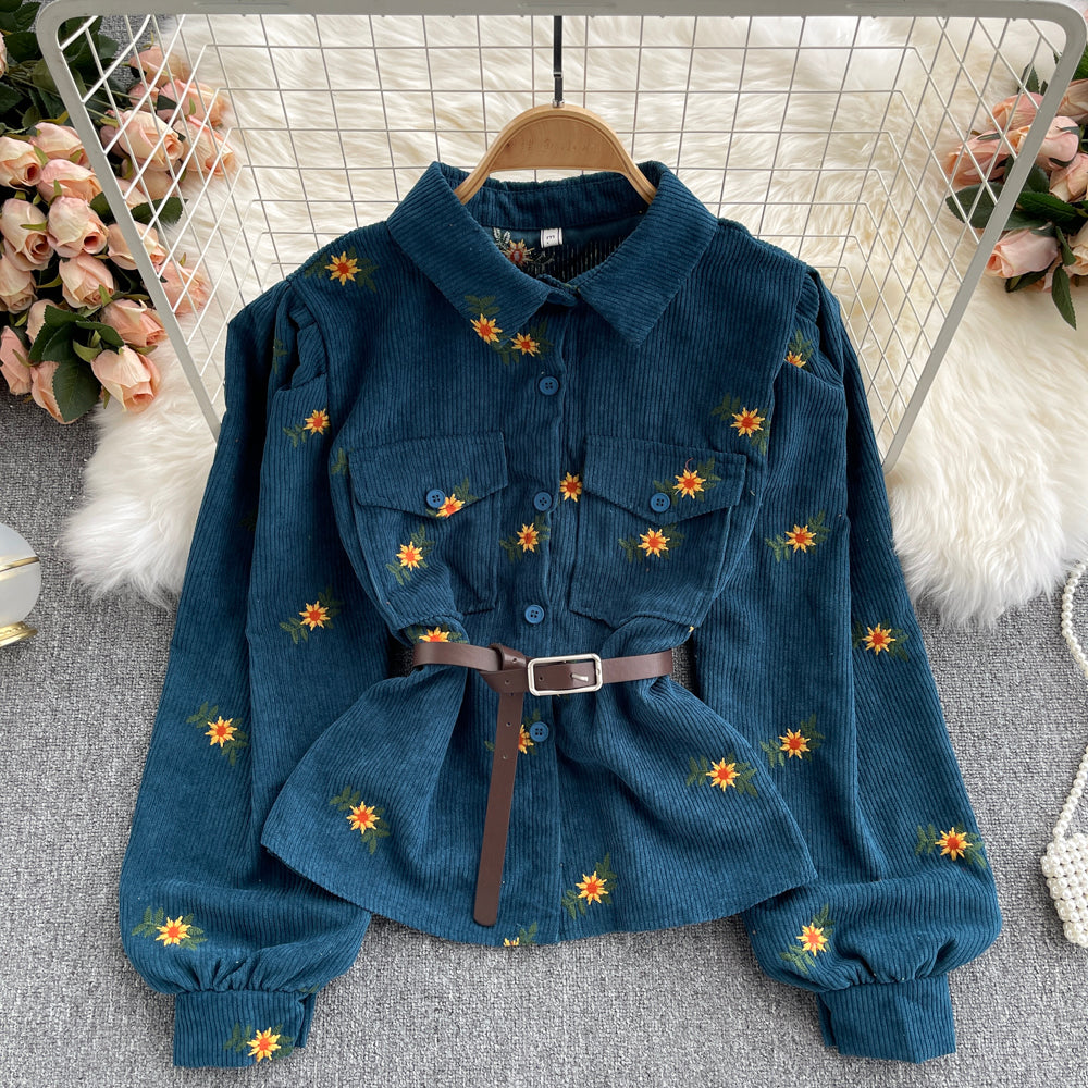 Lovely corduroy embroidered long-sleeved shirt    S517