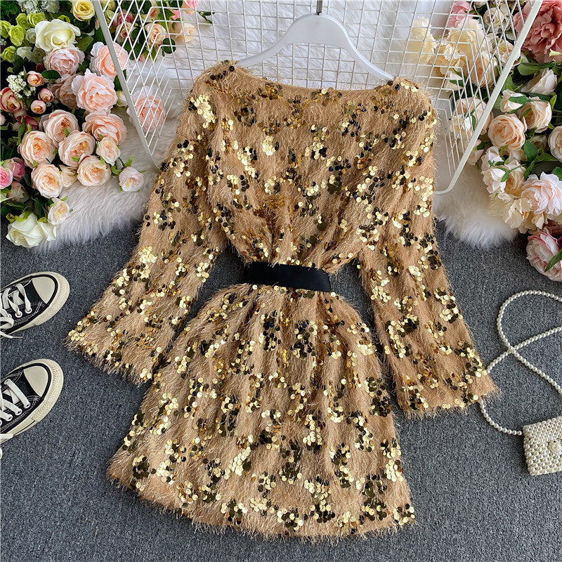 Cute sequins short dress long sleeve fashion dress   S479