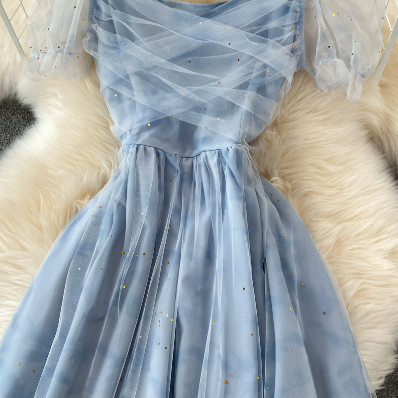 Blue tulle short dress A line summer dress   S336