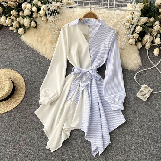 Fashionable striped long-sleeved irregular dress    S269