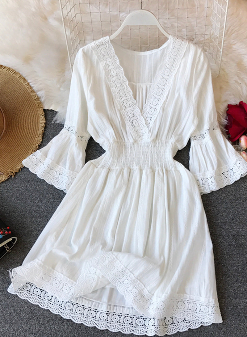 A line white hollow lace dress summer dress    S132