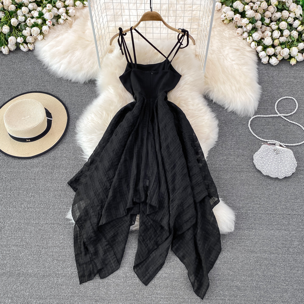 Black irregular backless dress A line fashion dress    S463