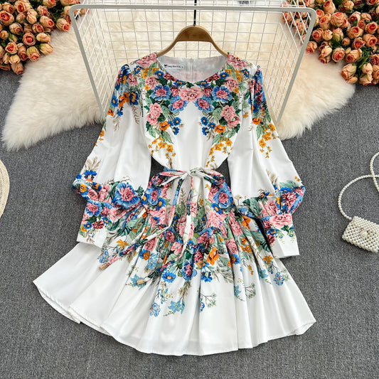 Cute A line floral pattern short dress white fashion dress     S237