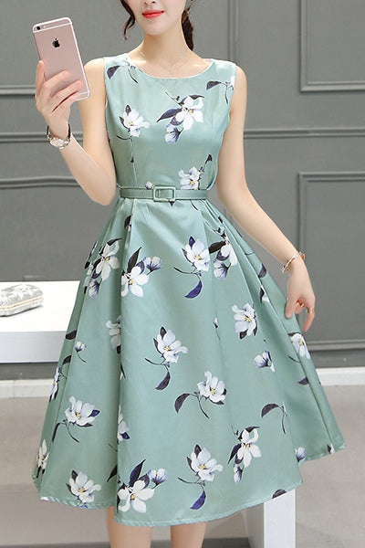 High Waist A-Line Floral Print Sleeveless Dress  S539