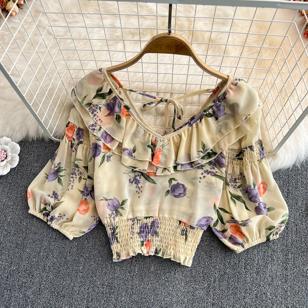 Cute v neck chiffon tops crop tops  S512