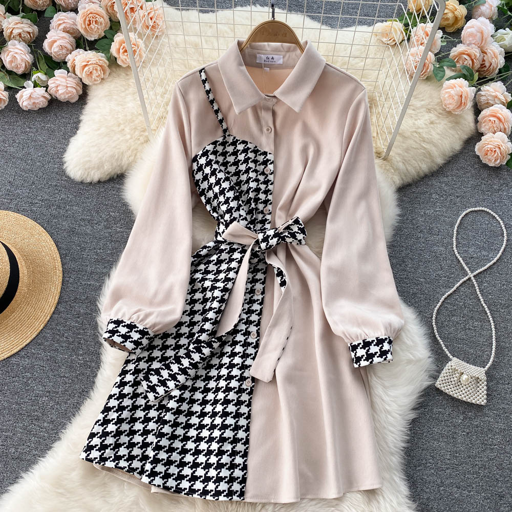 Stylish Houndstooth Contrast Long Sleeve Dress     S224