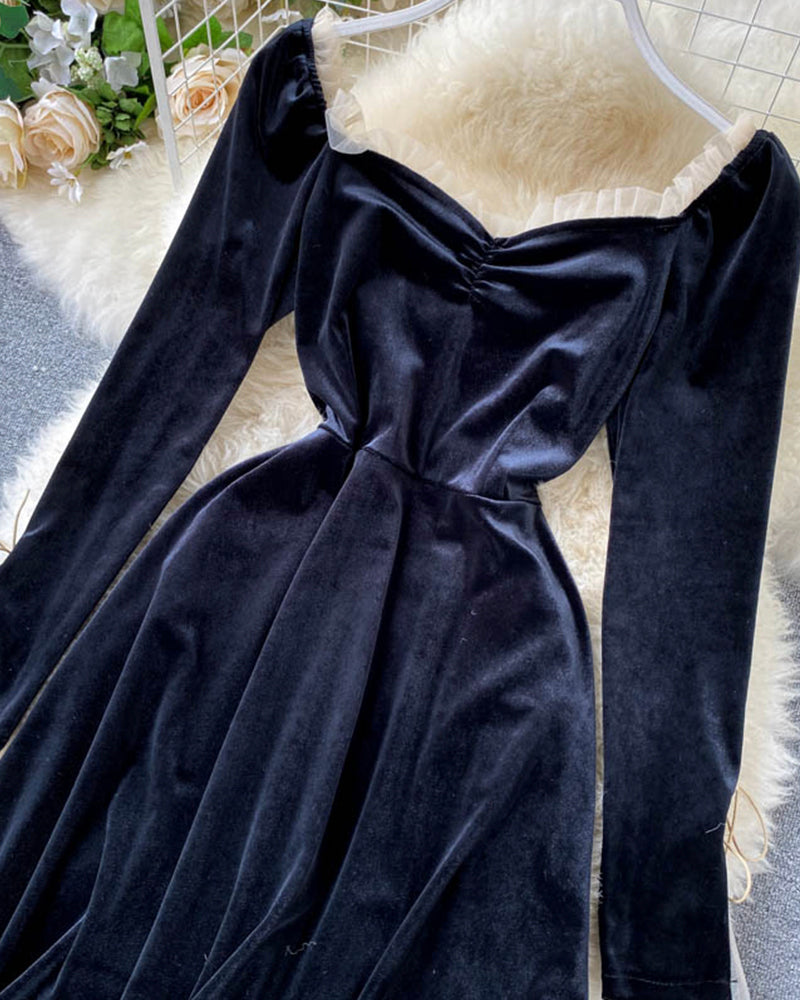 Black velvet long sleeve dress    S128