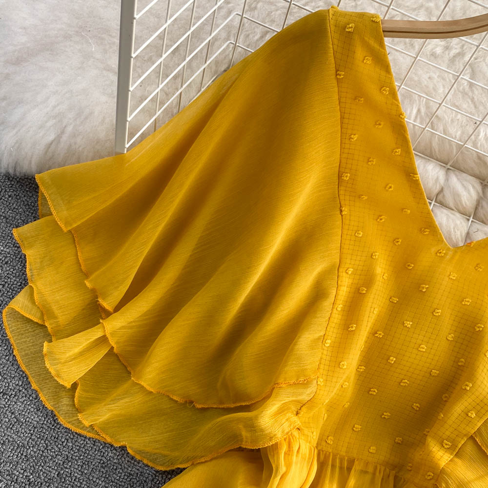 Yellow chiffon A line dress yellow fashion dress    S189