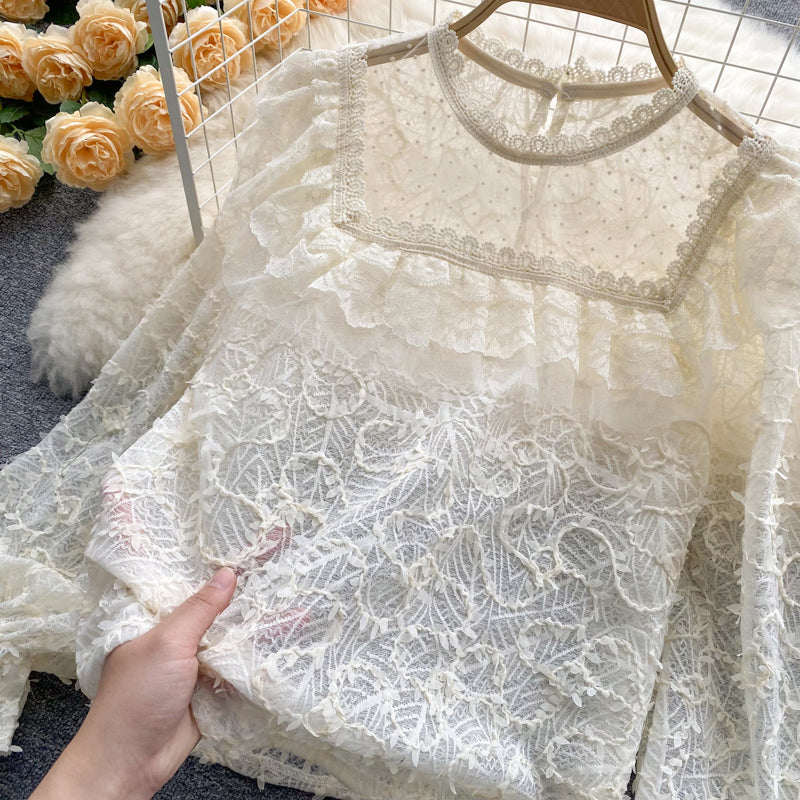 Lovely see-through long-sleeved lace top   S254