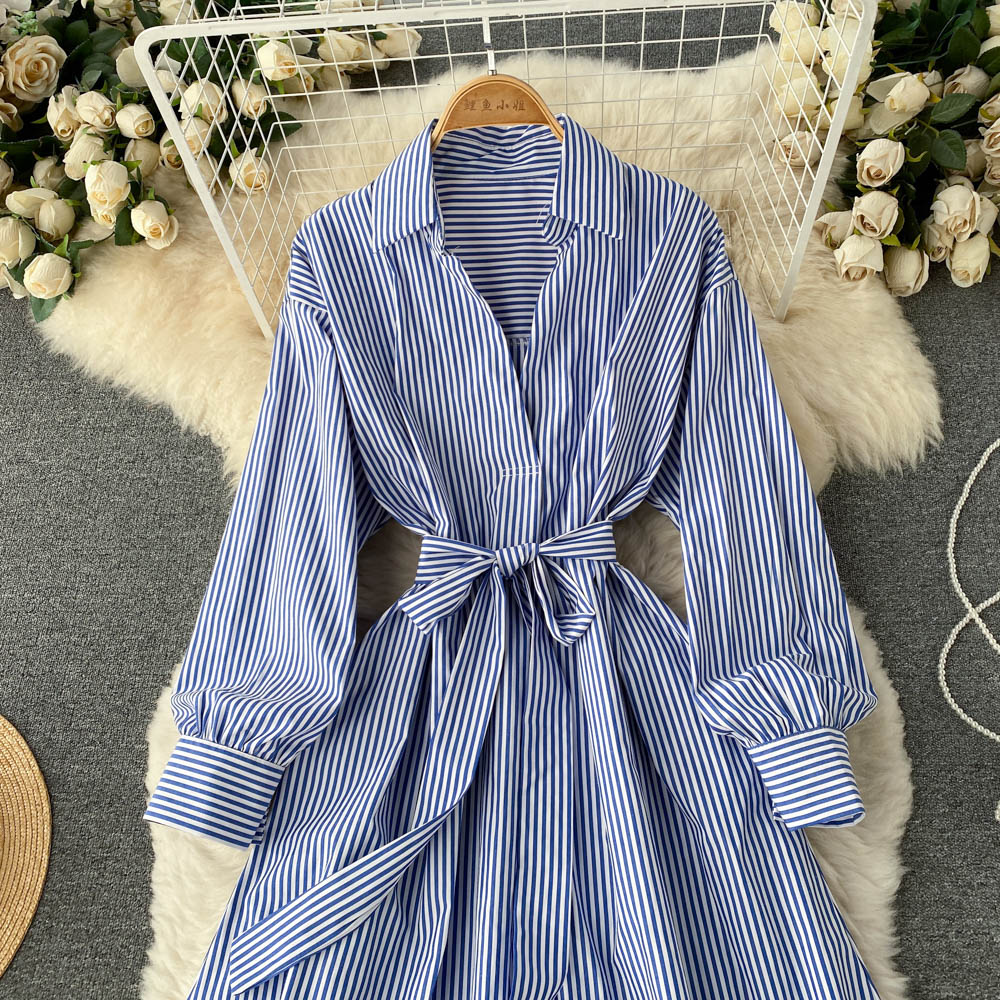 Simple striped long sleeve shirt dress   S244