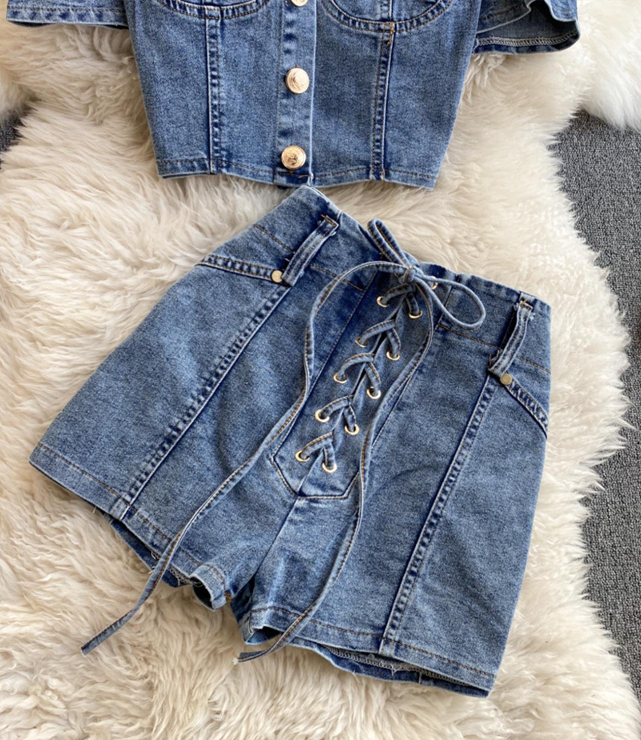 Stylish two-piece suit denim tops + short lace up shorts  S59