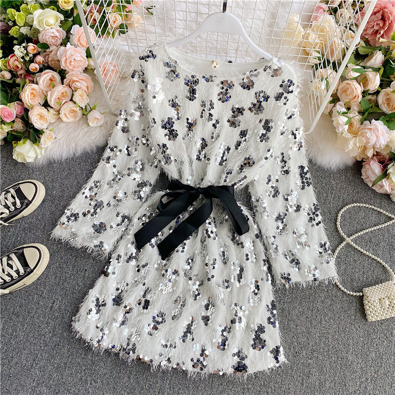 Cute sequins short dress long sleeve fashion dress   S479