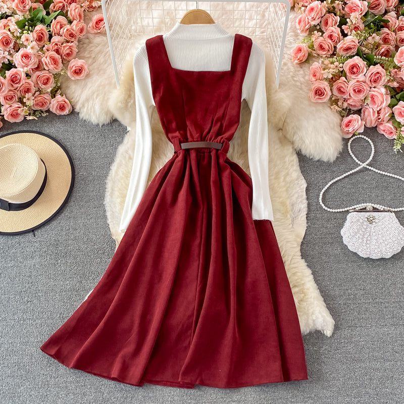 Retro suspender skirt, waist and corduroy dress, two-piece stand-up collar knitted bottoming shirt  S88