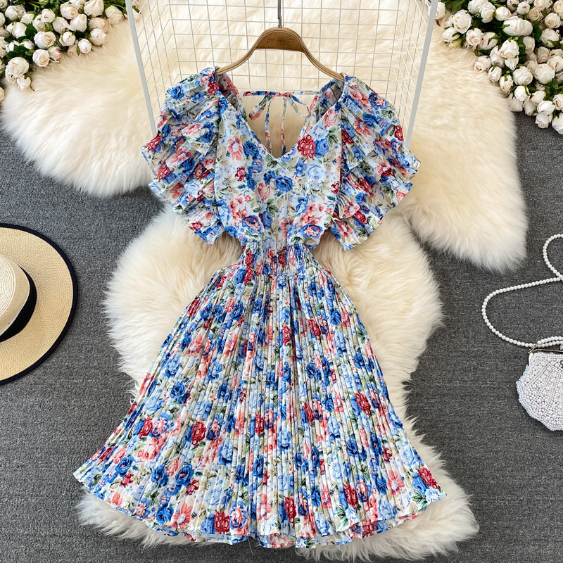 Cute v neck floral dress A line short dress   S445