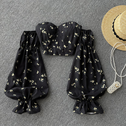 Cute floral crop top long sleeve tops    S148