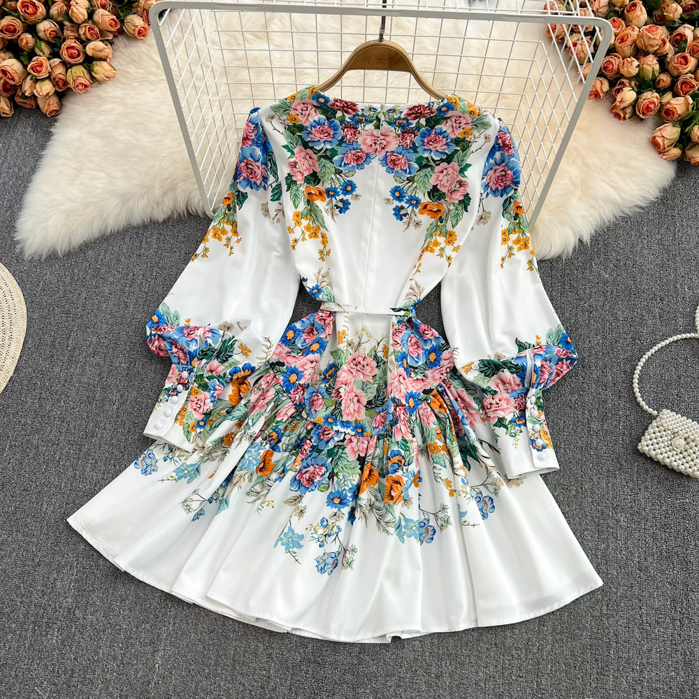 Cute A line floral pattern short dress white fashion dress     S237