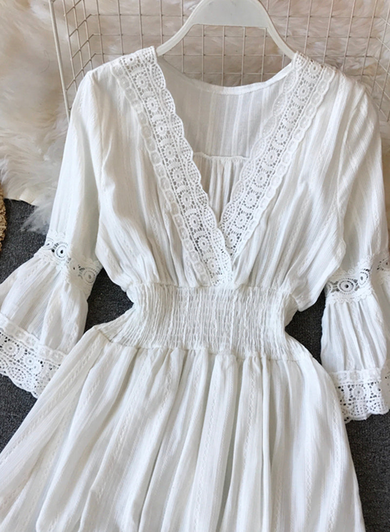 A line white hollow lace dress summer dress    S132