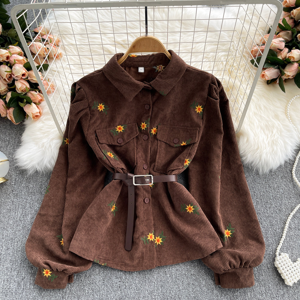 Lovely corduroy embroidered long-sleeved shirt    S517