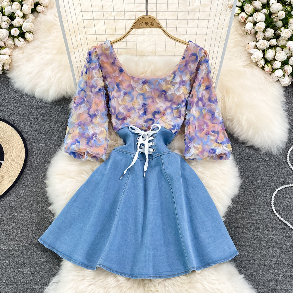 Cute Denim chiffon Panel Dress    S426