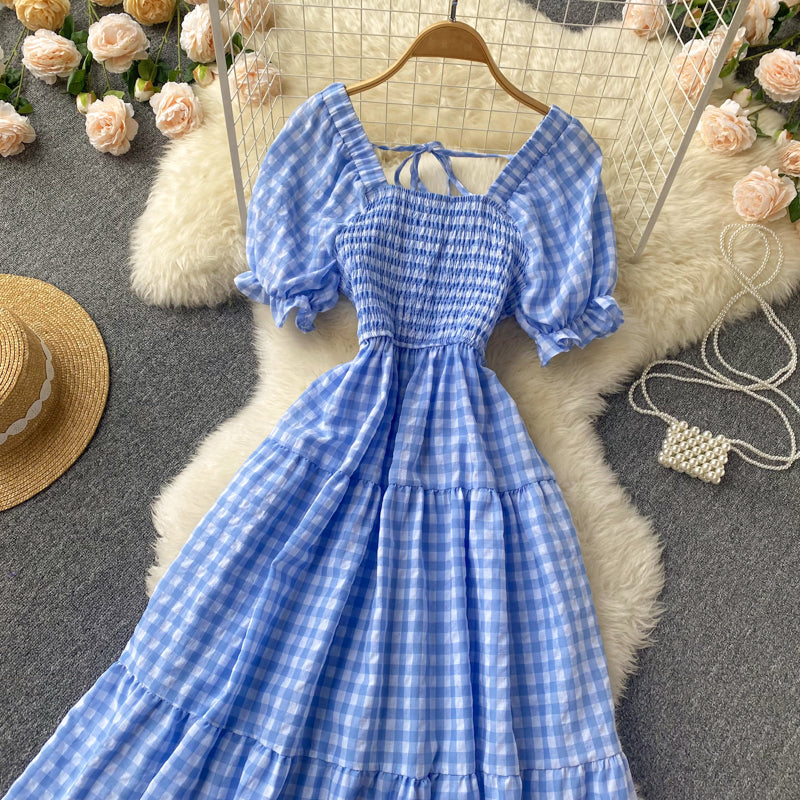 Sweet Plaid Short Sleeve Dress A line Fahion Dress    S460