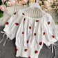 Cute summer puff sleeve applique top    S36