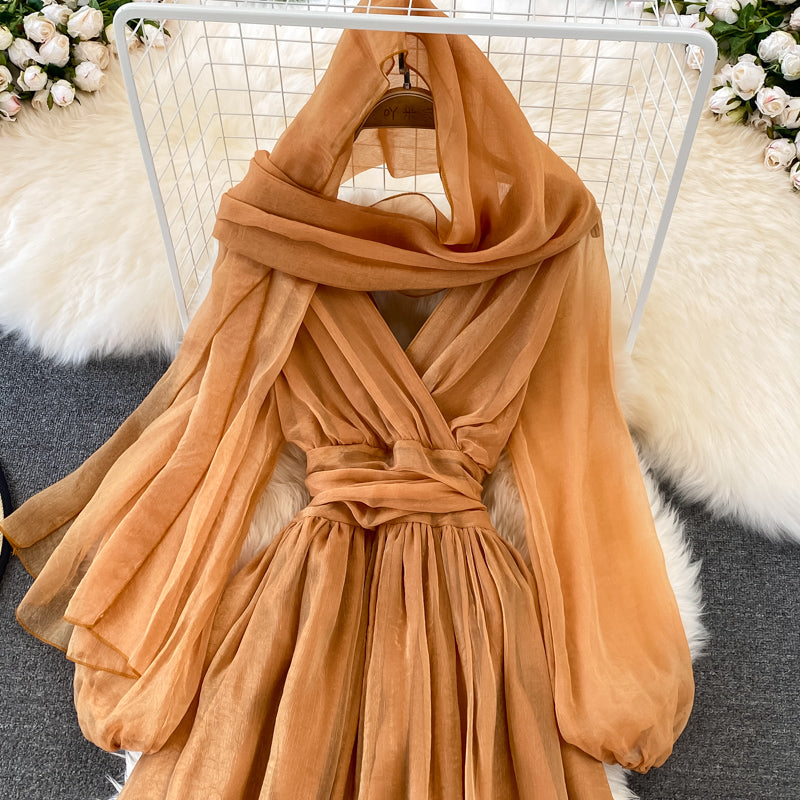 Cute v neck soft chiffon dress fashion girl dress and scarf     S274