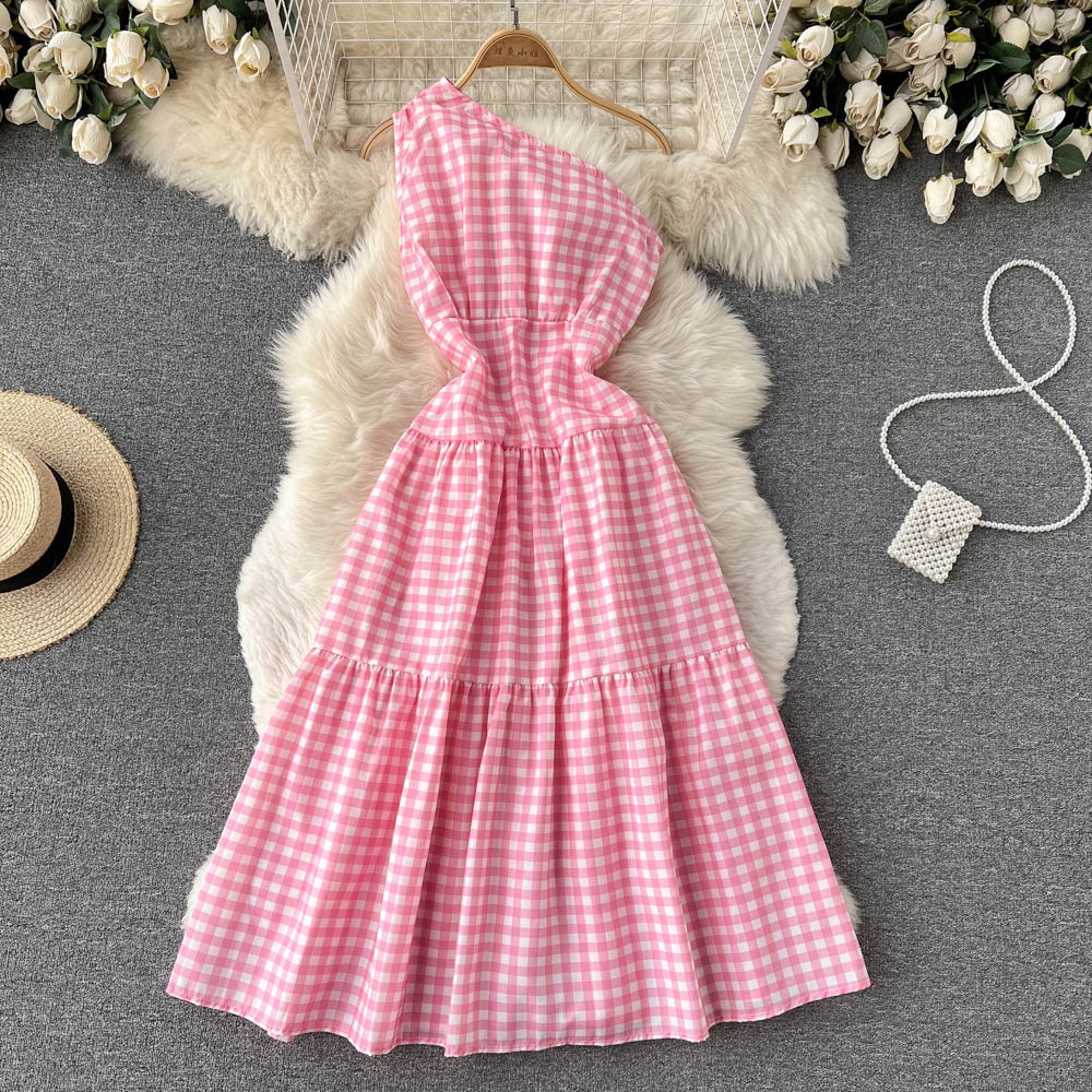 Sweet plaid one-shoulder dress A line fashion dresses     S457