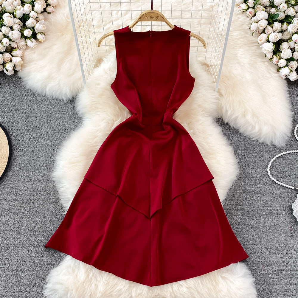 Red v neck irregular dress    S416