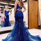 Dark Blue Mermaid Long Prom Dresses, Blue Lace Long Evening Dress        S2495