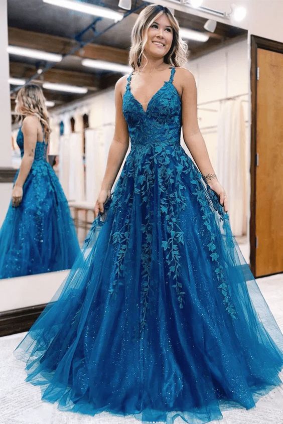 Long Blue Lace Prom Dresses V Neck Formal Evening Dresses Open Back     S2464