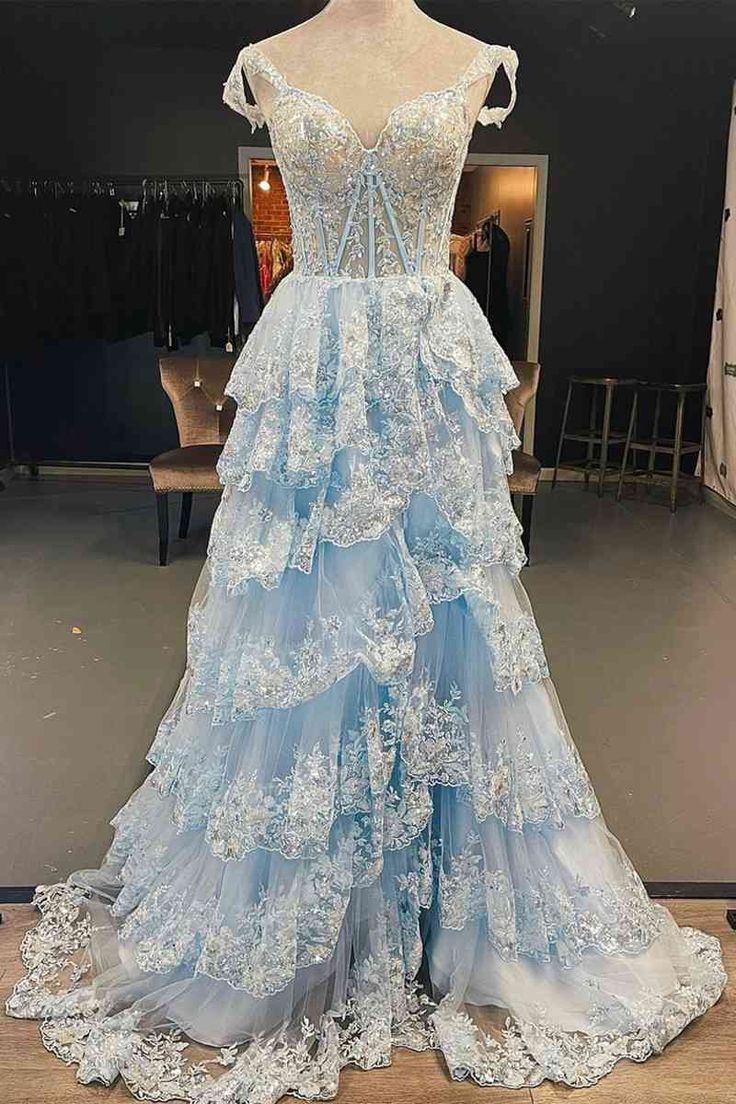 Light Blue Corset Lace Tiered Tulle Long Formal Dress         S2496