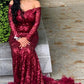 Off The Shoulder Burgundy Prom Dresses with Feather | Long Sleeve Sparkle Lace Mermaid Evening Gowns      S2490