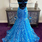 Blue Floral Lace Backless Trumpet Long Prom Gown        S2497