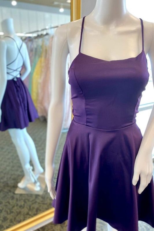 A-Line Purple Lace-Up Short Satin Homecoming Dresses     S2355