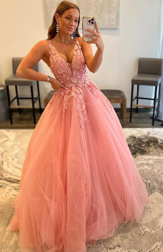 Pink Lace 2023 Prom Dresses Long Sexy Formal Dresses With Beaded   S2423