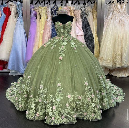 A-line Green Tulle Ball Gown Puffy Sweet 16 Dress 3D Flowers Birthday Dress    S2333