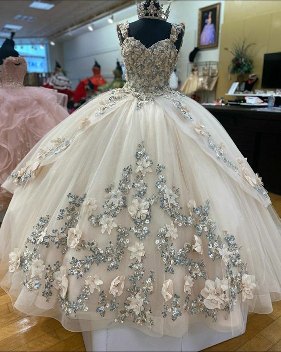 A-line Tulle Ball Gown Puffy Sweet 16 Dress 3D Flowers Birthday Dress    S2332