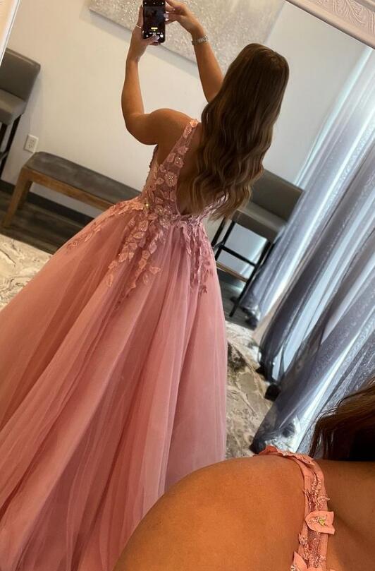 Pink Lace 2023 Prom Dresses Long Sexy Formal Dresses With Beaded   S2423