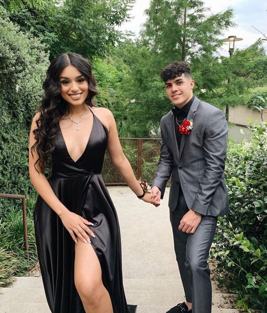 Black V-neck Prom Dress with Side Slit     S2433