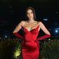 Sexy Mermaid V Neck Red Satin Long Prom Evening Dresses,Formal Party Dresses    S2371