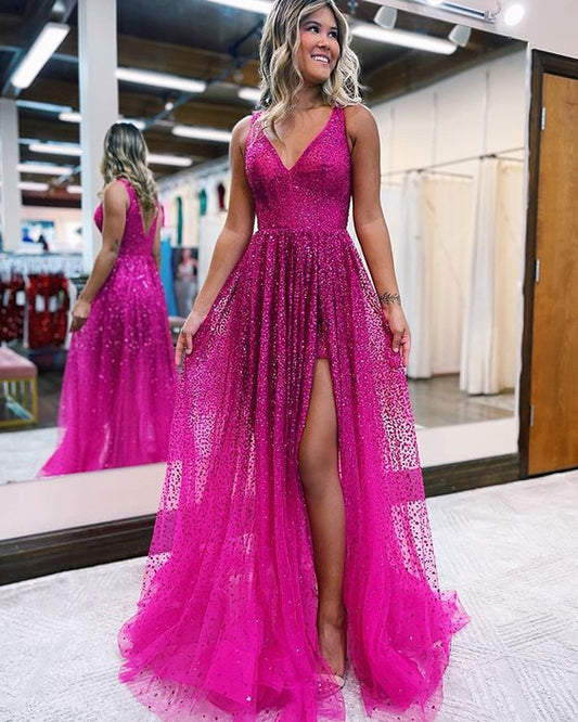 Beading Fuchsia V-neck Pleated Tulle Prom Dress with Side Slit     S2432