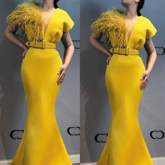 Yellow Evening Dresses Long Deep V Neck Elegant Modest Evening Gown    S2443