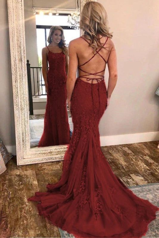 Burgundy Spaghetti straps Open Back Long Prom Dress     S2378