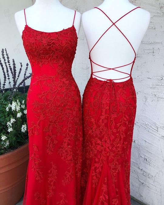 Red Sexy Mermaid V Neck Lace Long Prom Formal Dresses    S2421