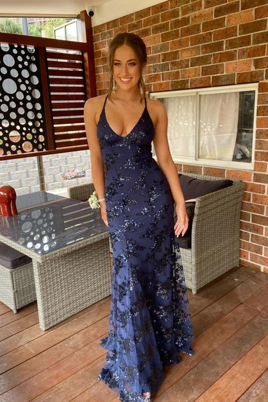 navy blue mermaid tulle and sequins long formal prom dress with v neckline and lace up back   S1564