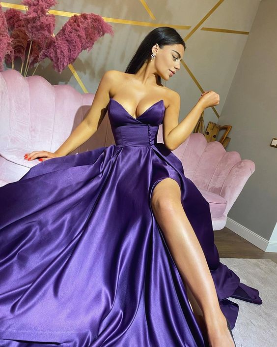 Princess A Line Purple V-neck Prom Dresses   S1857