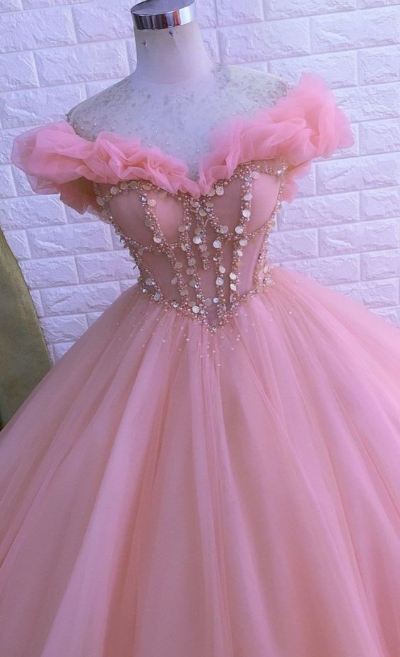 Long Ball Gown Prom Dress, Quinceanera Dresses, Pink Lace Appliques Dress   S1839