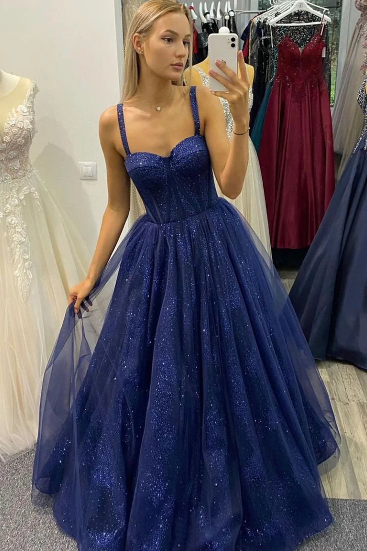 Blue Tulle Appliques Long Prom Dresses, A-Line Strapless Evening Dresses   S2224