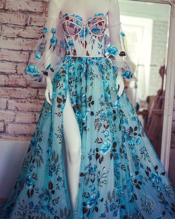 Blue Prom Dress With Puffy Sleeves Evening Dress Split       S2123